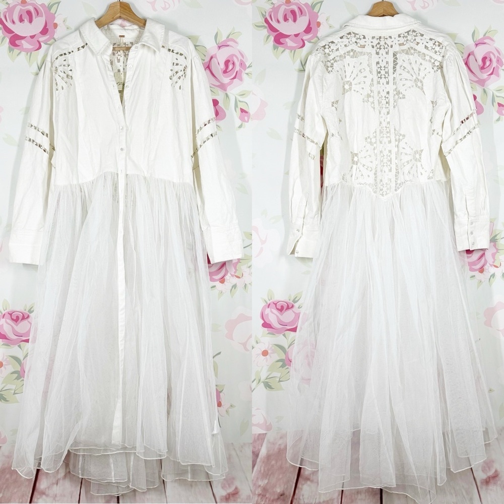 NEW Free People Bud Baby Maxi Floral Embroidered Tulle White Swan Top M